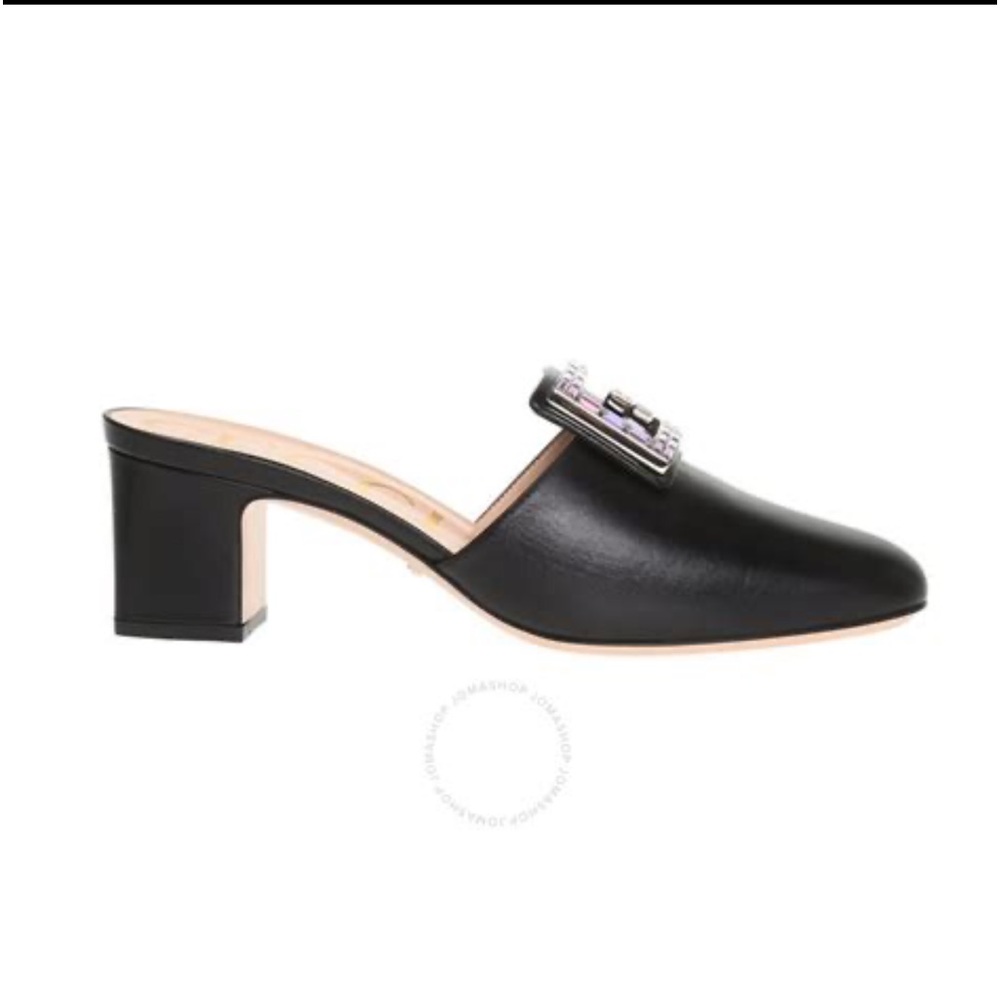 GUCCI CRYSTAL G MULES IN BLACK LEATHER WITH 2” WRAPPED BLOCK HEEL SIZE EU 38.5